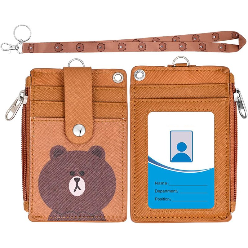 2-Sided 5 Card Slots Zippered Pocket Keychain Cartoon Bear PU Leather ID Card Wallet Lanyards ID Badge Holder