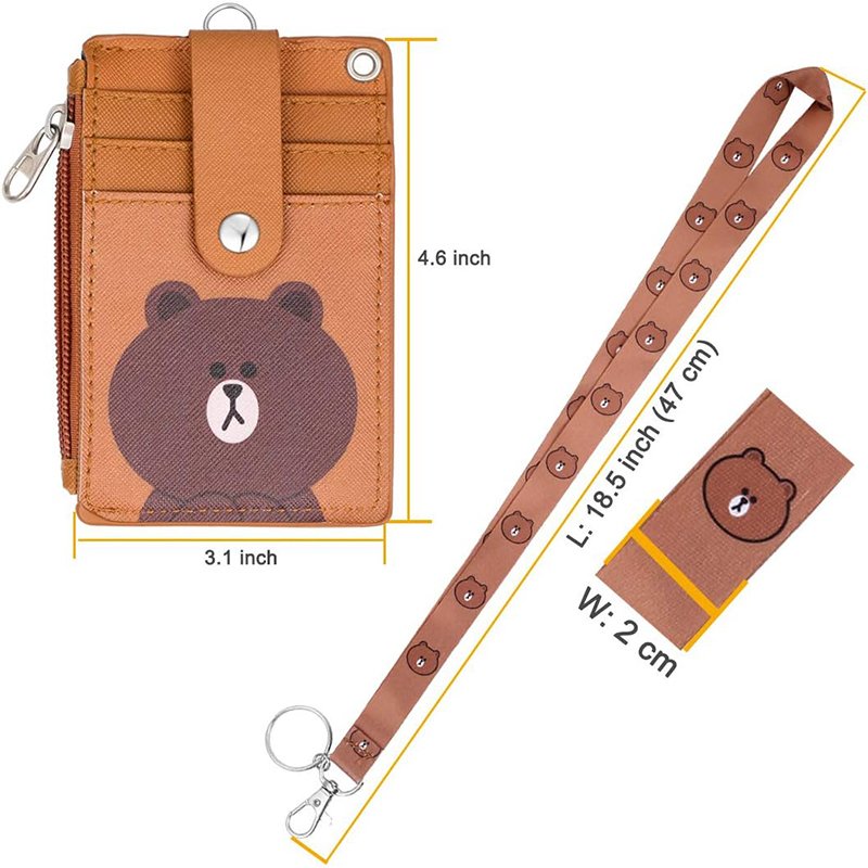 2-Sided 5 Card Slots Zippered Pocket Keychain Cartoon Bear PU Leather ID Card Wallet Lanyards ID Badge Holder