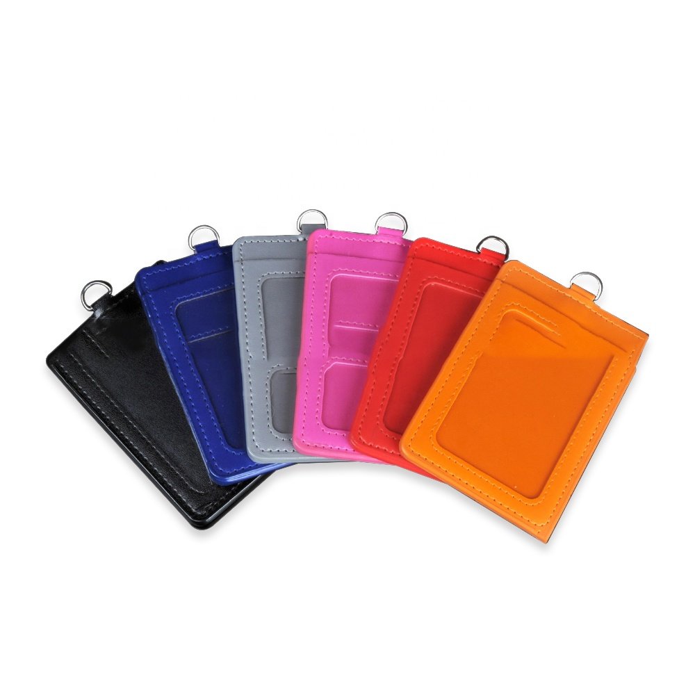Vertical PU Leather Work School Metro Card and Access Card Name Badge Holder with Clear ID Window Detachable Neck Lanyard Strap
