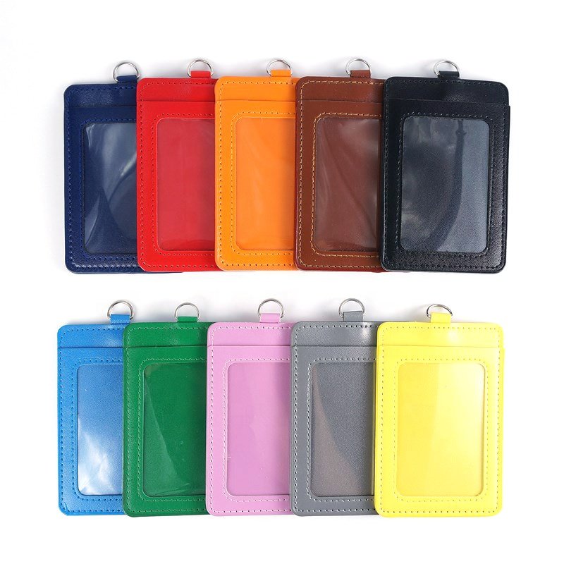 Vertical PU Leather Work School Metro Card and Access Card Name Badge Holder with Clear ID Window Detachable Neck Lanyard Strap