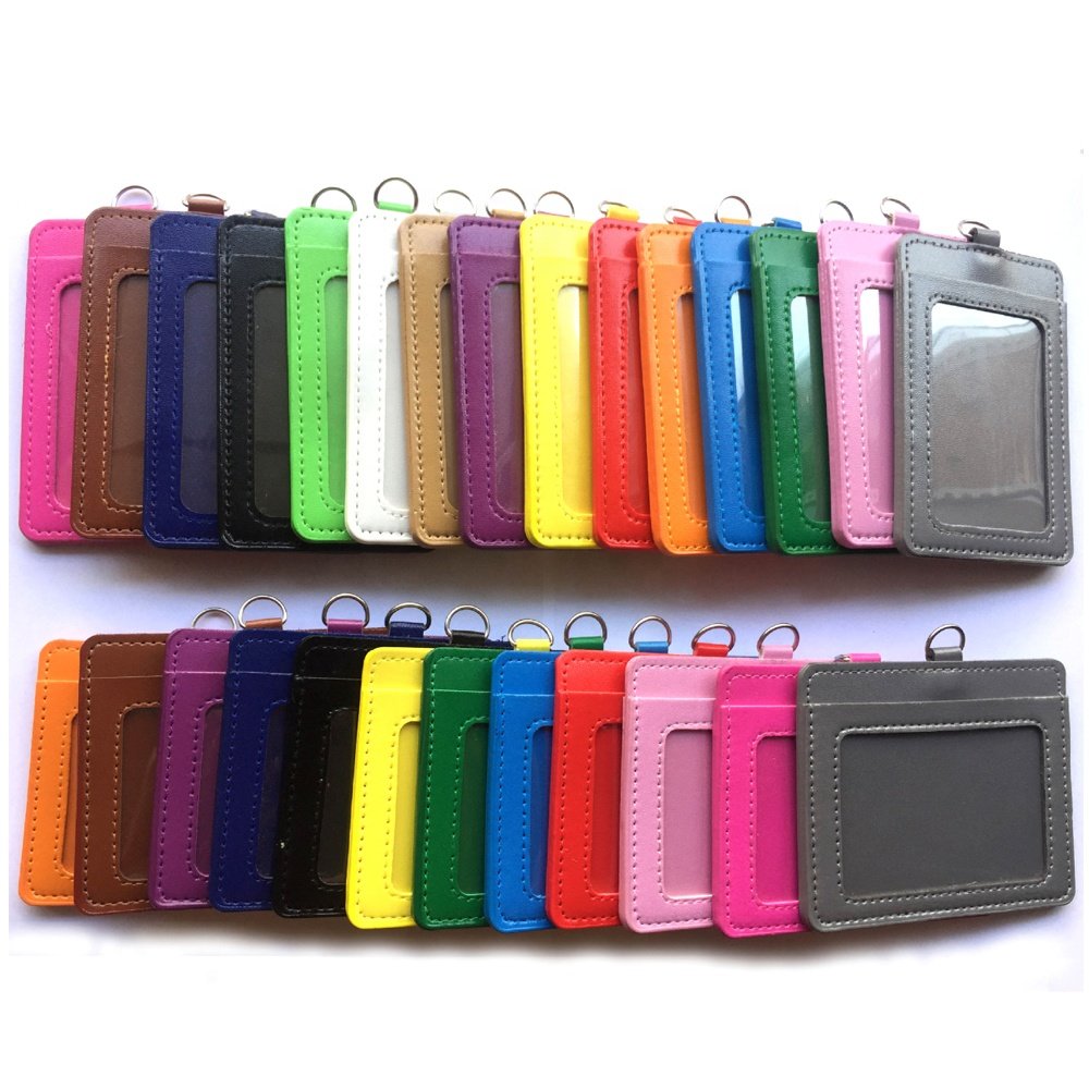 Vertical PU Leather Work School Metro Card and Access Card Name Badge Holder with Clear ID Window Detachable Neck Lanyard Strap