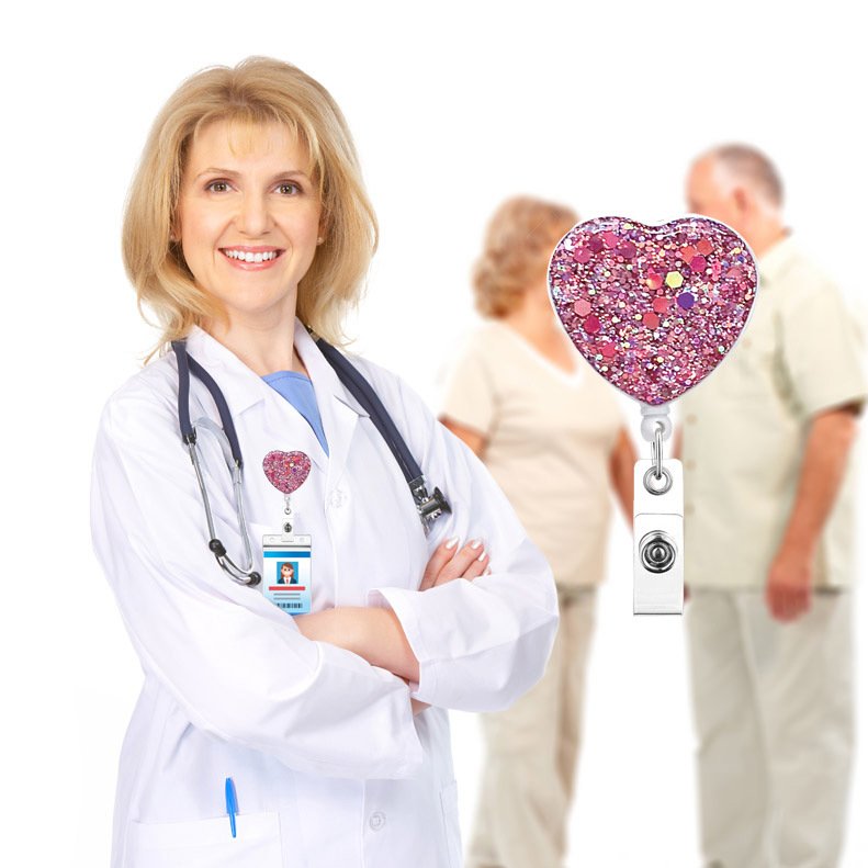 Custom Retractable Badge Reel Glitter Bling Multicolor Heart Shaped Card Name Office Nurse Accessories Glitter Badge Holder