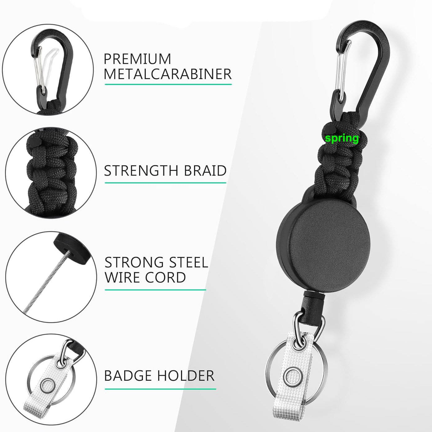 High Stretch Easy-to-Pull Black ABS Retractable Badge Holder Keychain Carabiner Paracord Rope Convenient Carabiner Keychain