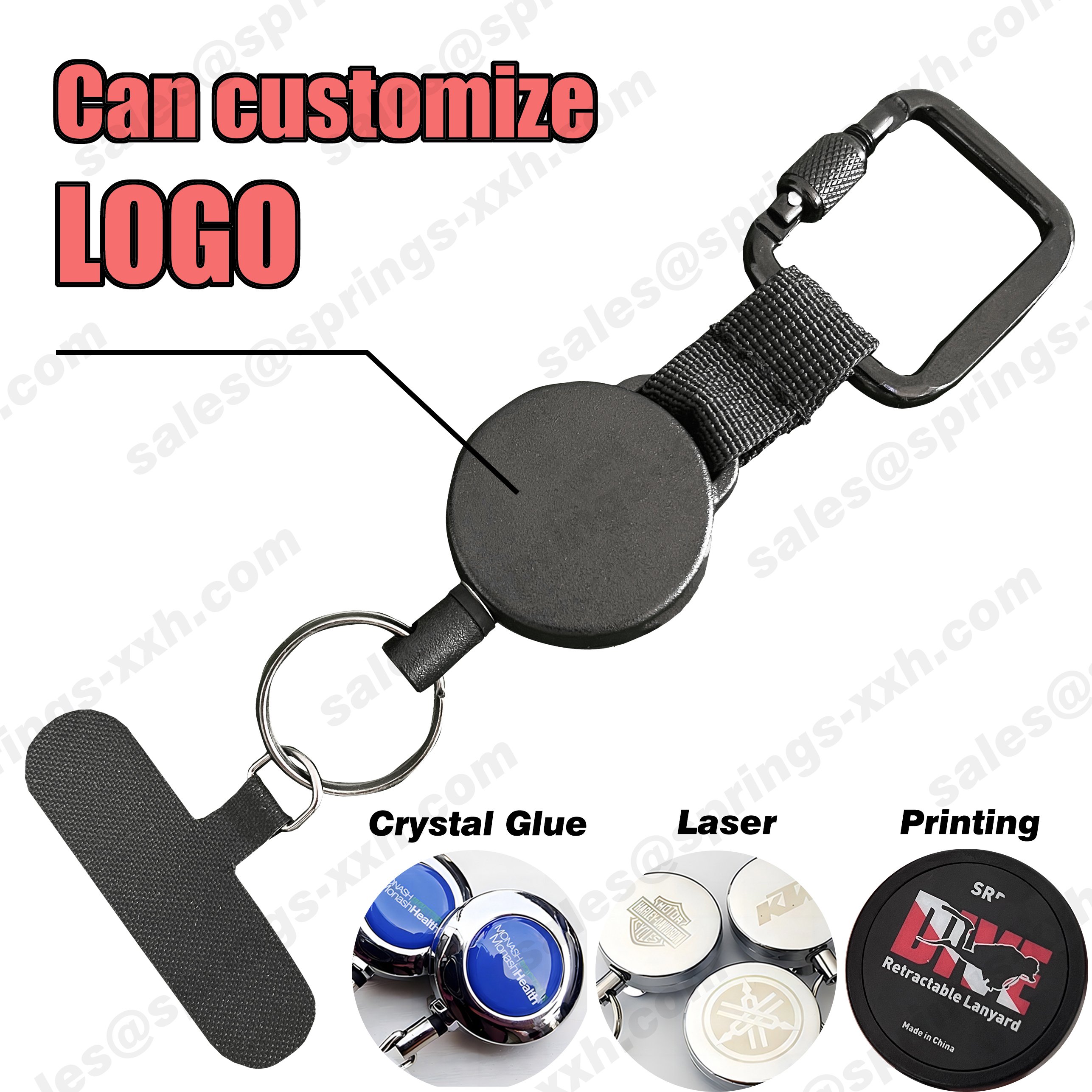P-045 4CM Black Outdoor Heavy-duty Retractable Badge Reel with Heavy-duty Carabiner Keychain Cell Phone Holder