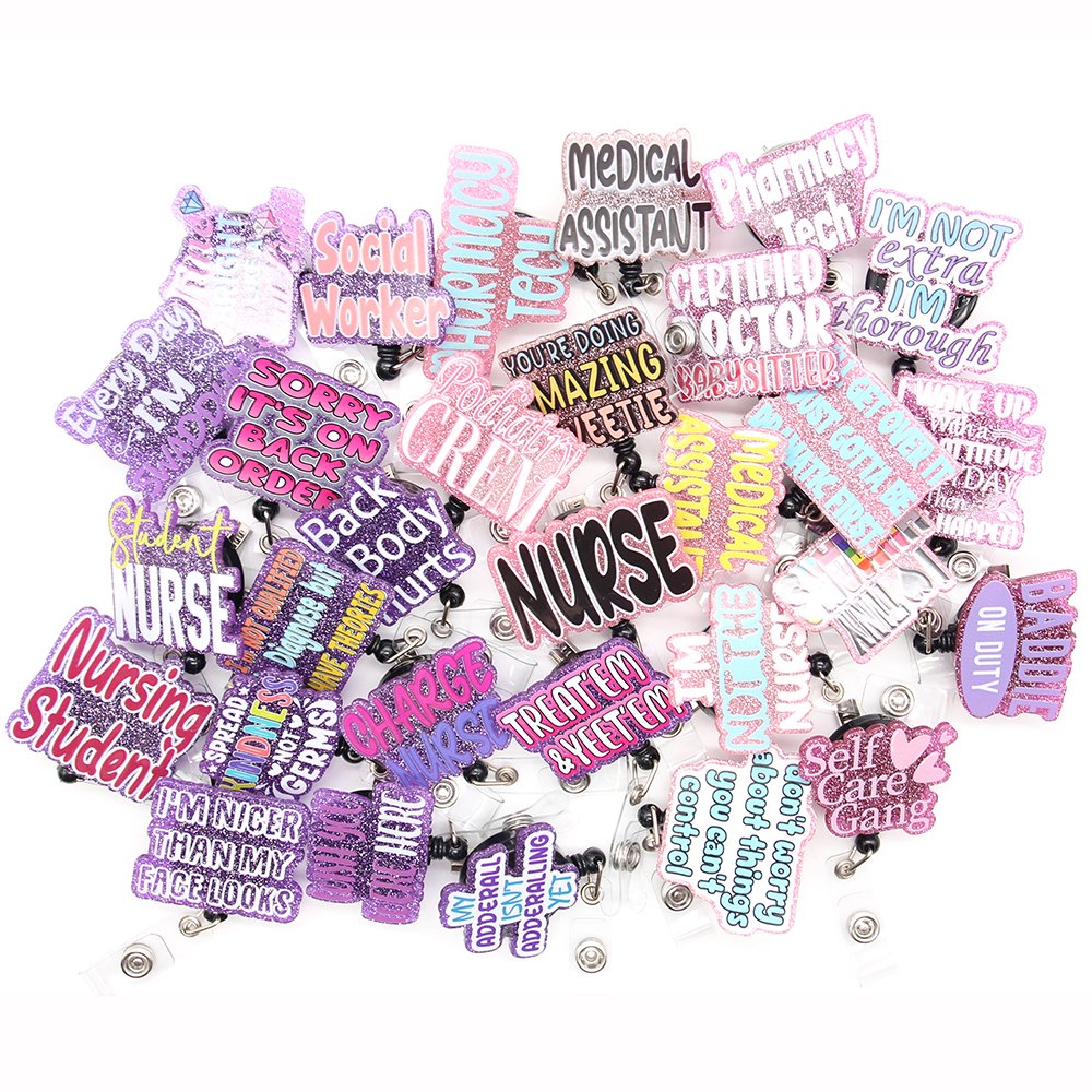Wholesale Medical Series Glitter Purple Plastic Letters Nursing Student Charge Nurse Badge Reel Acrylic Scrub Life Badge Holder