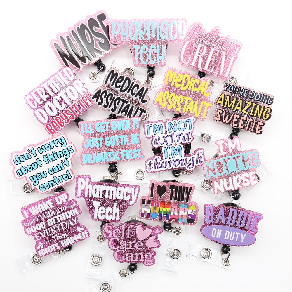 Wholesale Medical Series Glitter Purple Plastic Letters Nursing Student Charge Nurse Badge Reel Acrylic Scrub Life Badge Holder