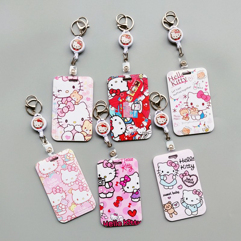 Anti-Lost Plastic Student Bus Name ID Badge Cartoon Cute Kitty Design Card Holder With Scalable Lanyards Accessories Card Case