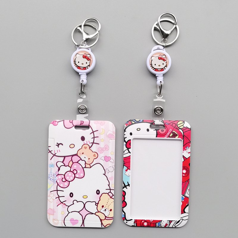 Anti-Lost Plastic Student Bus Name ID Badge Cartoon Cute Kitty Design Card Holder With Scalable Lanyards Accessories Card Case