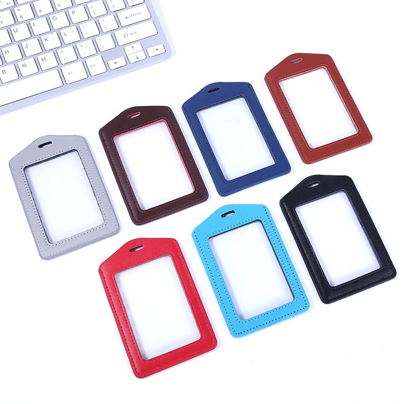Factory genuine leather double-sided transparent work permit card cover ID badge Bank card holder with nylon lanyards