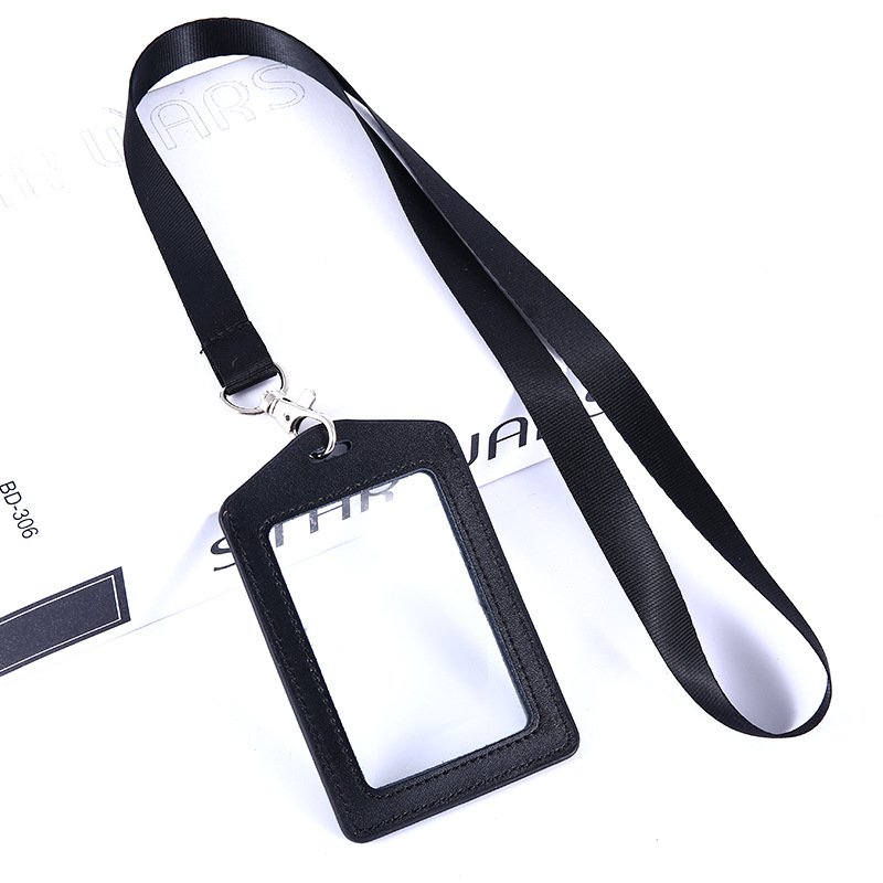 Factory genuine leather double-sided transparent work permit card cover ID badge Bank card holder with nylon lanyards