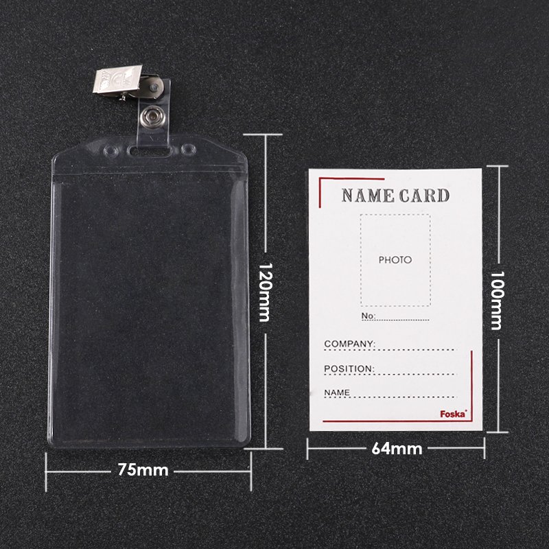 Foska Plastic waterproof type clear pvc horizontal name tag badge id card holder with Clip