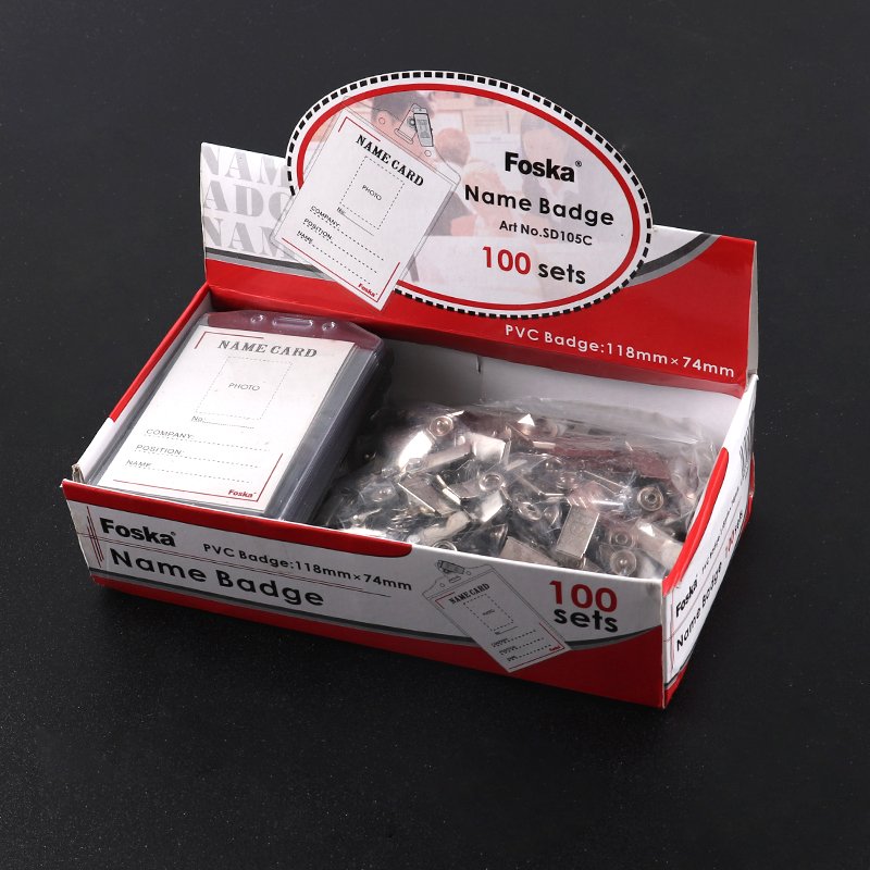 Foska Plastic waterproof type clear pvc horizontal name tag badge id card holder with Clip