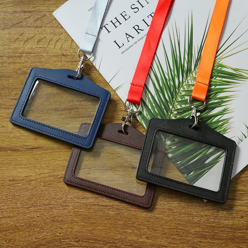 Vertical & Horizontal Genuine Leather Business Card Holder Double Transparent Badge id Card Holder