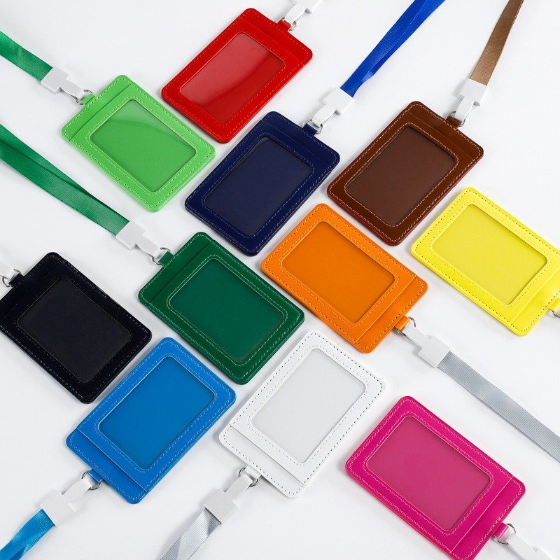 Custom Wholesale Candy Color PU Leather ID card badge holders With Lanyards