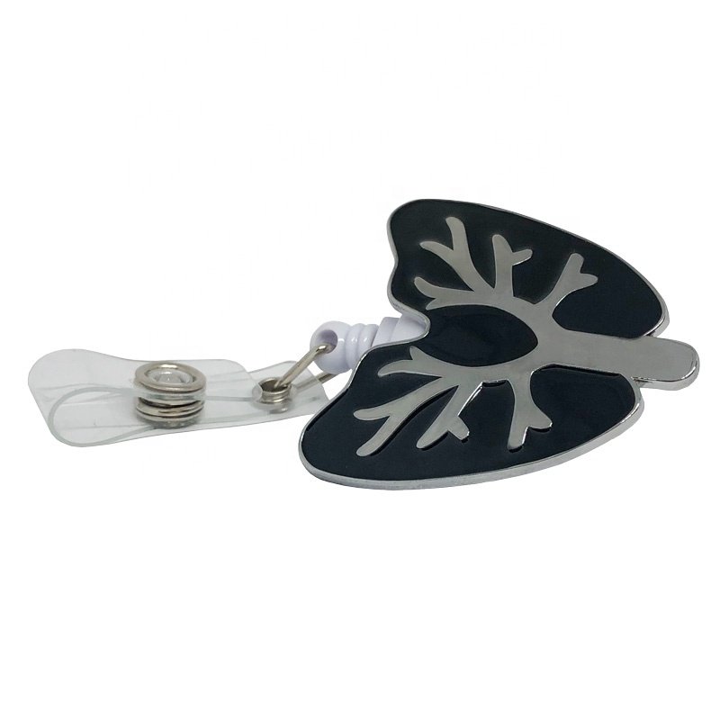 Manufacturer Custom Metal Chrome Retractable Lung Shape Medical Nurse ID Badge Reel Clip Holder With Rotation Alligator Clip