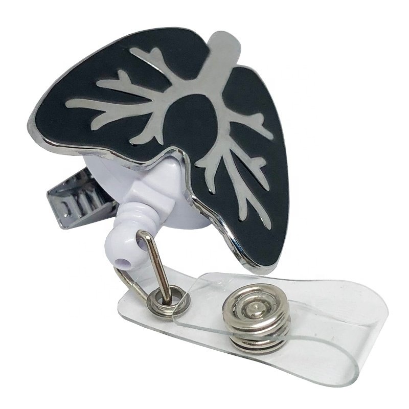Manufacturer Custom Metal Chrome Retractable Lung Shape Medical Nurse ID Badge Reel Clip Holder With Rotation Alligator Clip