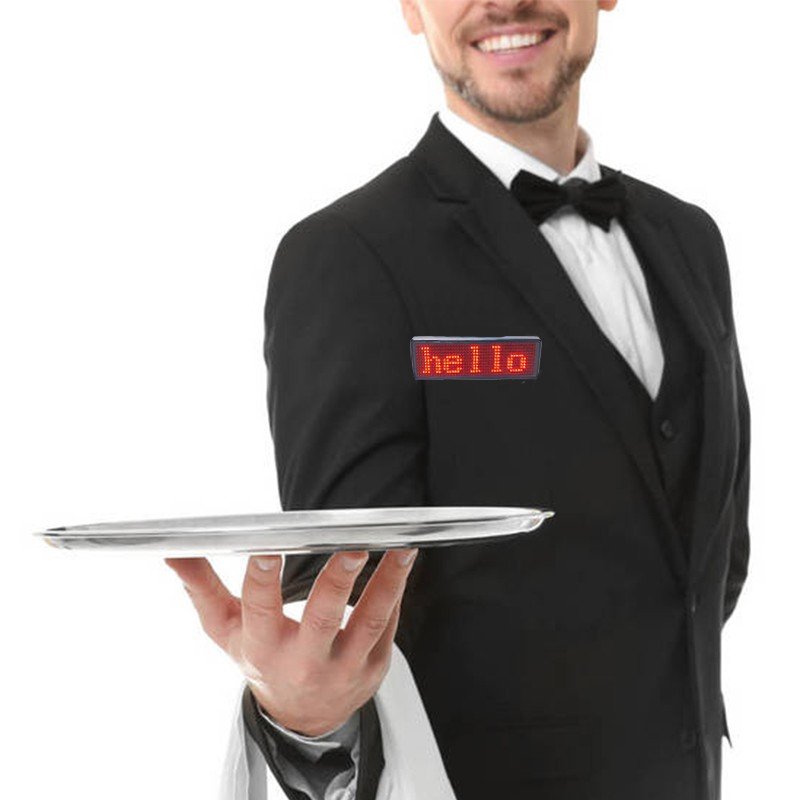 Multi-language Wearable custom made led badge flashing scrolling text digital signage restaurant waiter led sign