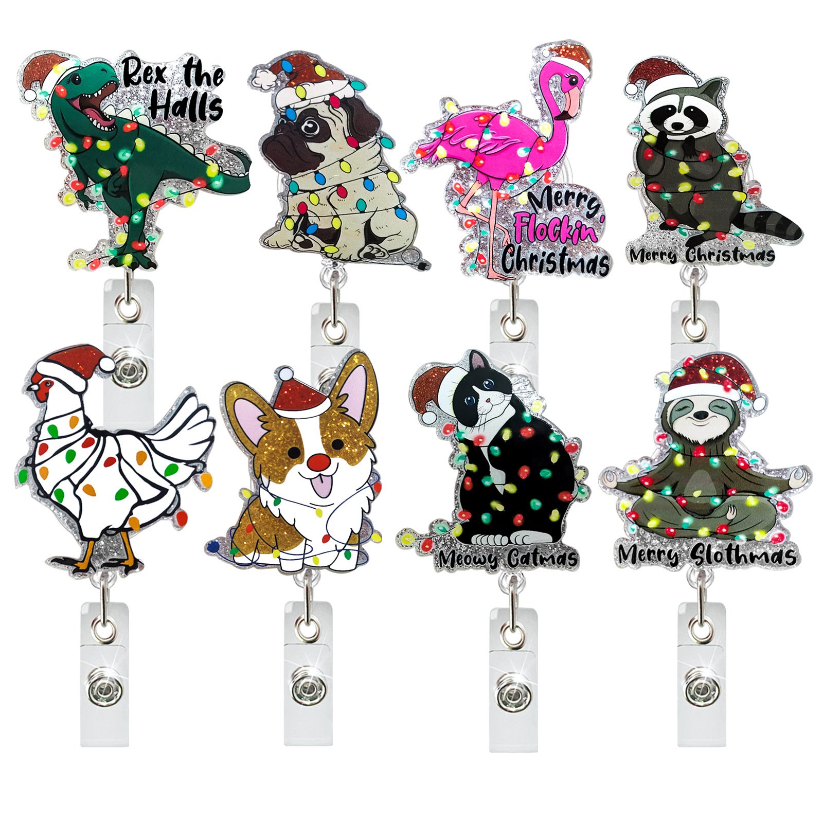 Christmas Glitter acrylic sloth dinosaur Crane puppy Retractable swivel crocodile clip badge reel holder