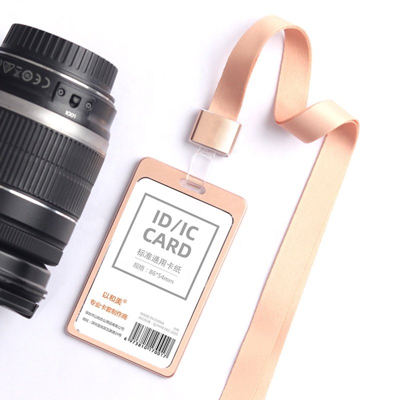 Promotion Aluminum alloy staff vertical id card badge holder with lanyard Business Cover Metal Card Sleeve