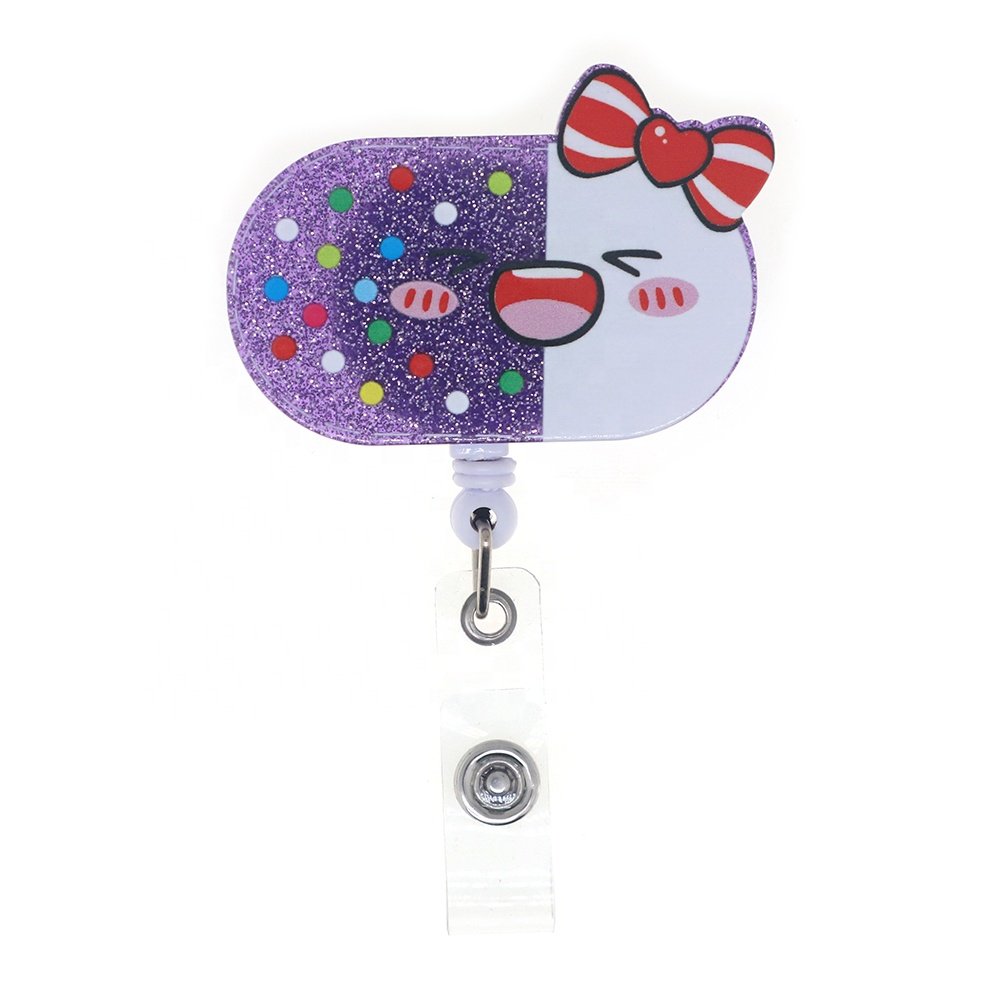 Wholesale Cartoon Bandage Pill Rainbow Syringe Glitter Acrylic Retractable Badge Reel For Office Nurses Doctors Accessories