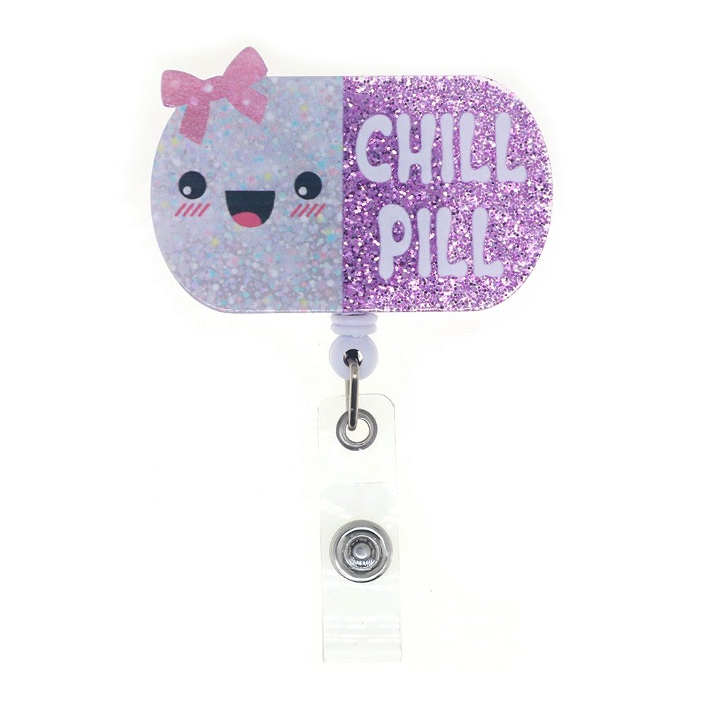 Wholesale Cartoon Bandage Pill Rainbow Syringe Glitter Acrylic Retractable Badge Reel For Office Nurses Doctors Accessories