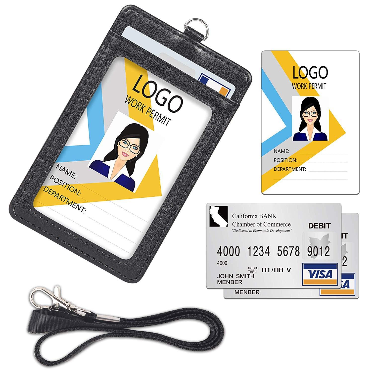 2024 Factory Direct Sales PU Leather ID Name Credit Card Holder Vegan Leather Lanyard With ID Card Badge Holder