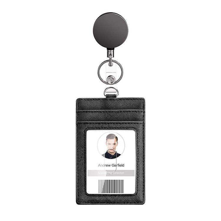 OEM 4cm Black Electroplated Metal Carabiner Keychain Retractable Badge Reel Ballpoint PU Leather Id Badge Holder