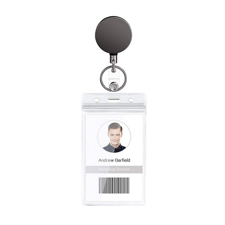 OEM 4cm Black Electroplated Metal Carabiner Keychain Retractable Badge Reel Ballpoint PU Leather Id Badge Holder
