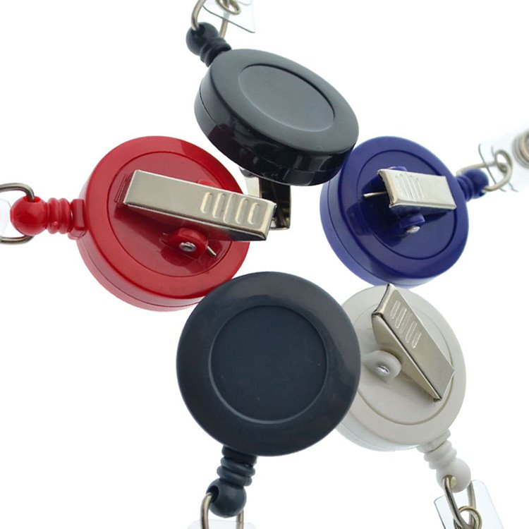 OEM 4cm Black Electroplated Metal Carabiner Keychain Retractable Badge Reel Ballpoint PU Leather Id Badge Holder