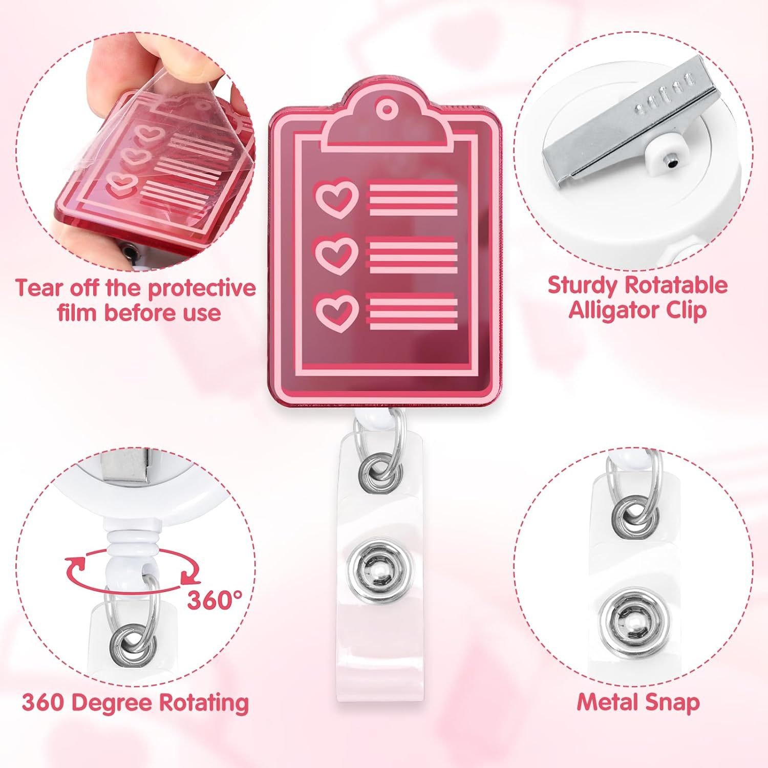 Custom Acrylic Pink Retractable Nurse Badge Reels ID Name Card For Nurse Doctor