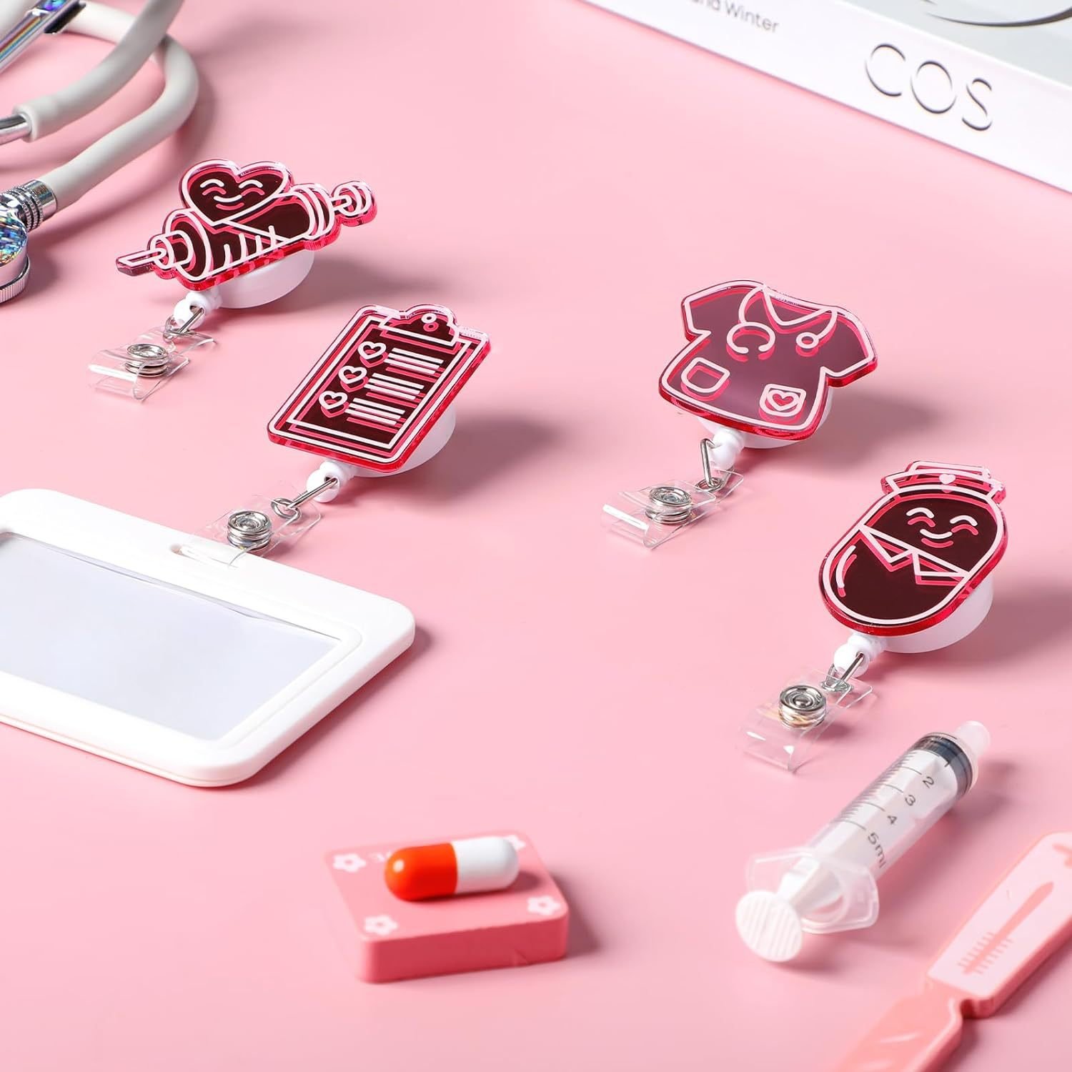 Custom Acrylic Pink Retractable Nurse Badge Reels ID Name Card For Nurse Doctor