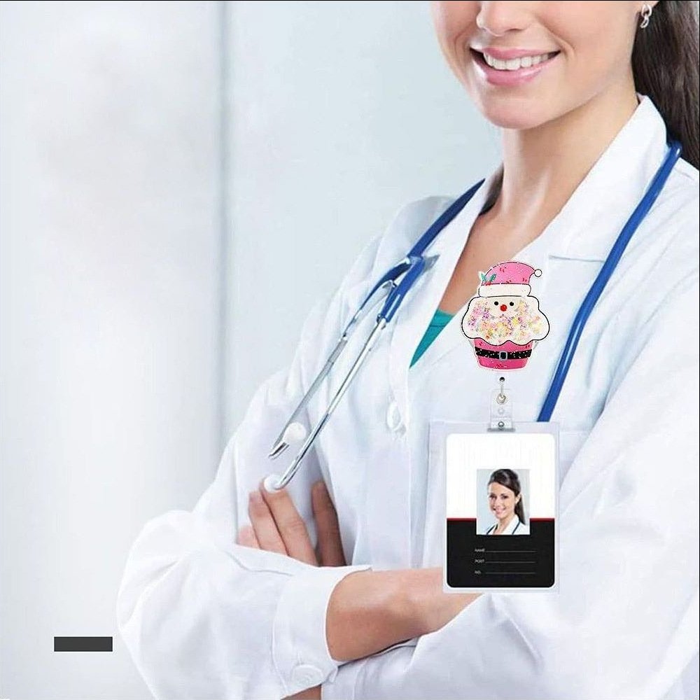 Wholesale Creative Shaker Christmas Santa Claus Acrylic Retractable Nurse Badge Reel With Clip For nurse Doctor
