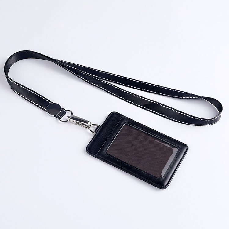Genuine Leather Card Slot Credit Card Case Staff Work Id Badge Card Holder With Lanyard