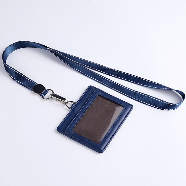 Genuine Leather Card Slot Credit Card Case Staff Work Id Badge Card Holder With Lanyard