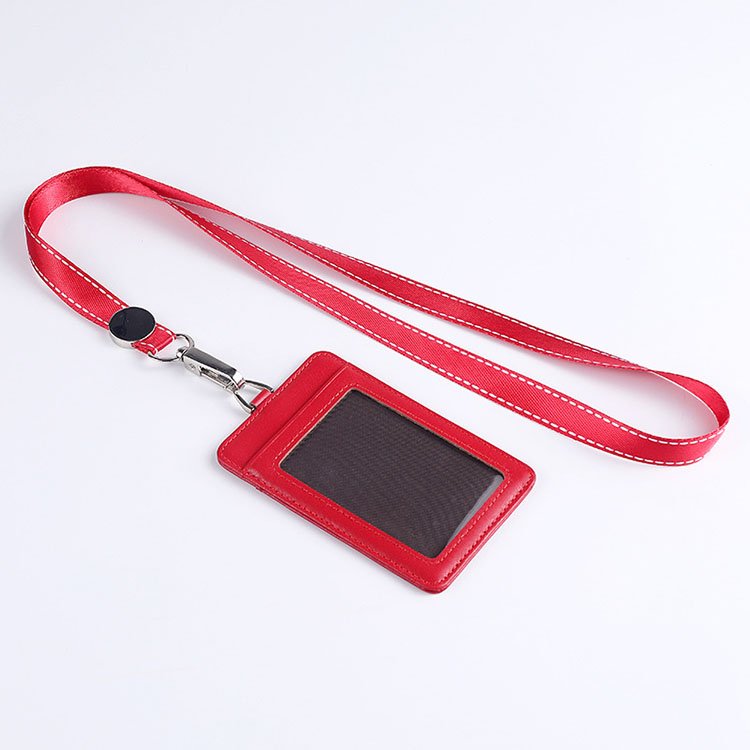 Genuine Leather Card Slot Credit Card Case Staff Work Id Badge Card Holder With Lanyard