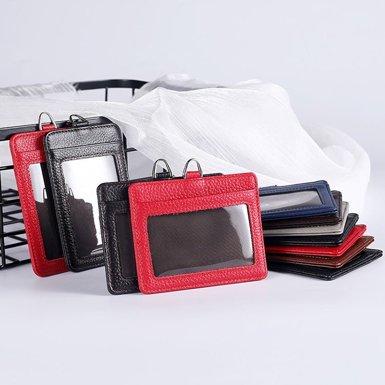 Genuine Leather Card Slot Credit Card Case Staff Work Id Badge Card Holder With Lanyard