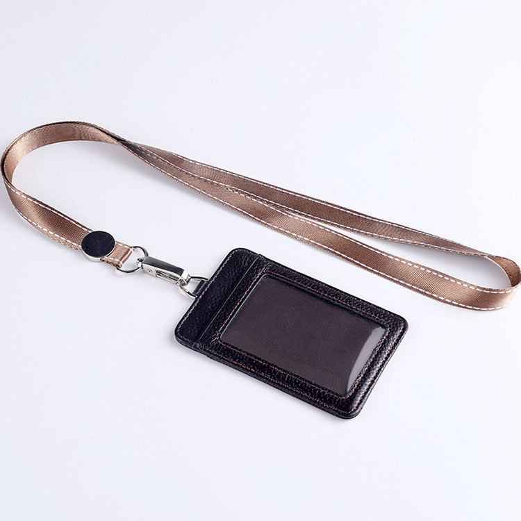 Genuine Leather Card Slot Credit Card Case Staff Work Id Badge Card Holder With Lanyard