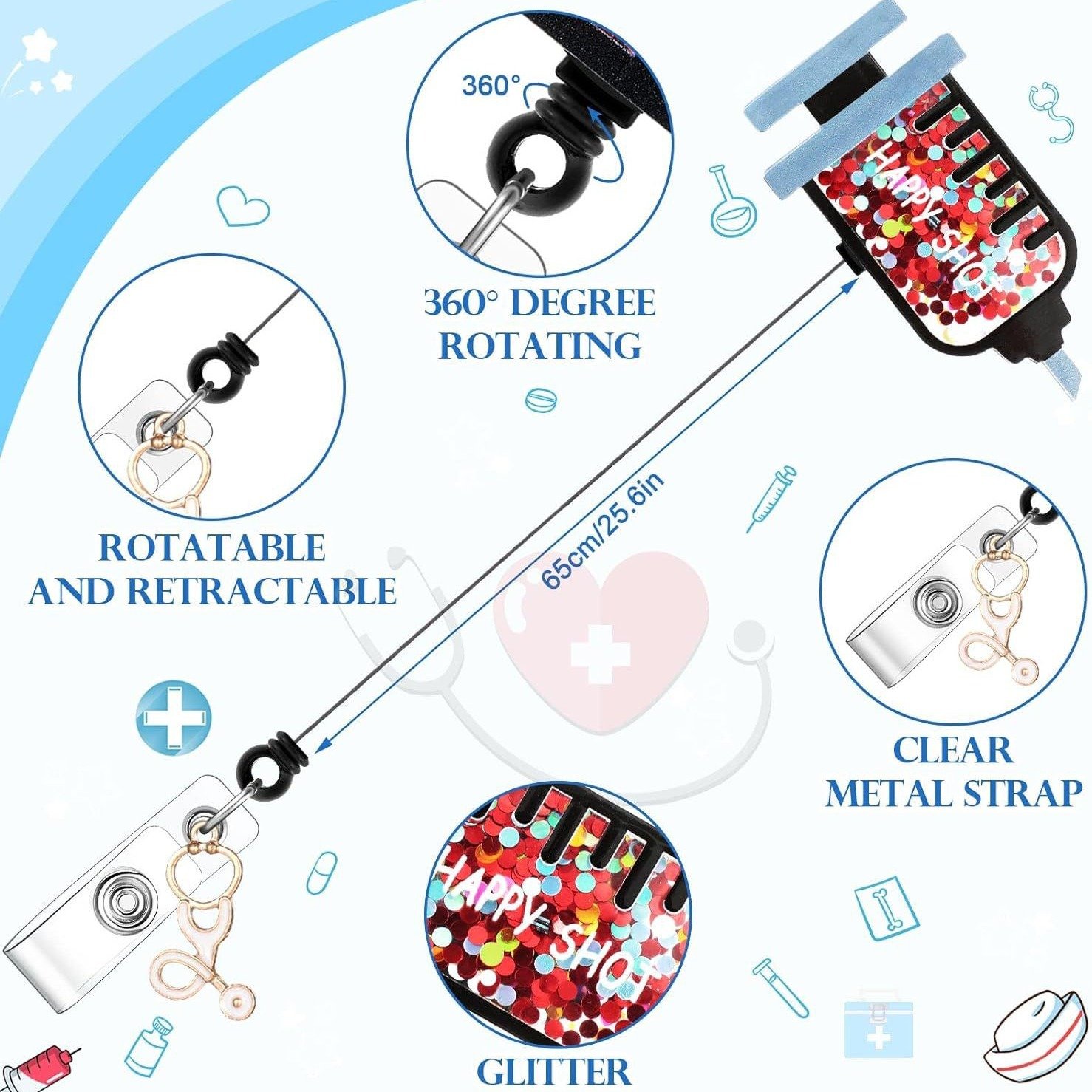 Custom Badge Reels with Glitter shaker Name Id Card Holders Nurse Retractable Badge Reel with Clip for Nurses Doctors