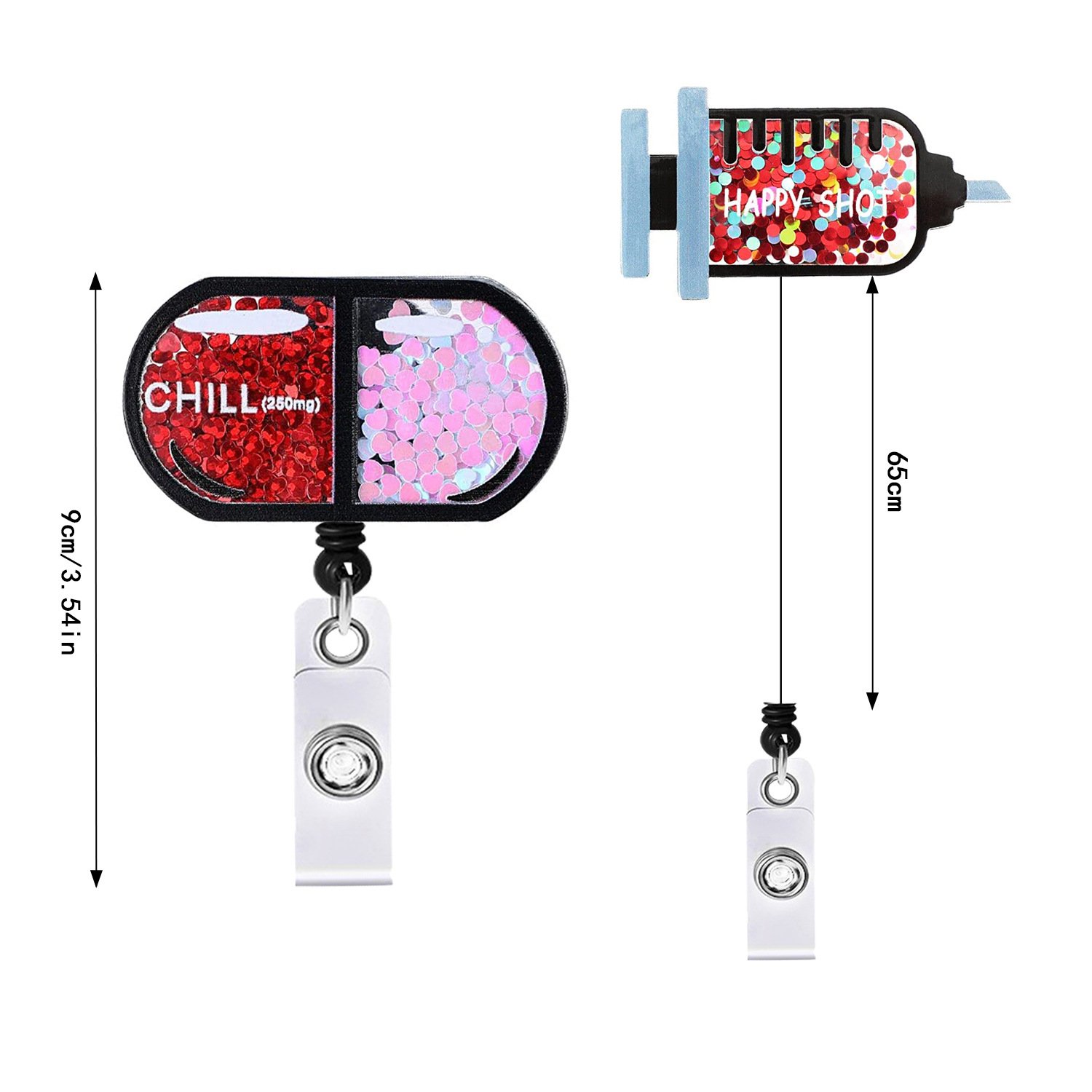 Glitter Acrylic Injector & Pill Medical Kit Badge Reel Retractable ID Badge Holder With 360 Rotating Alligator Clip Name Ho