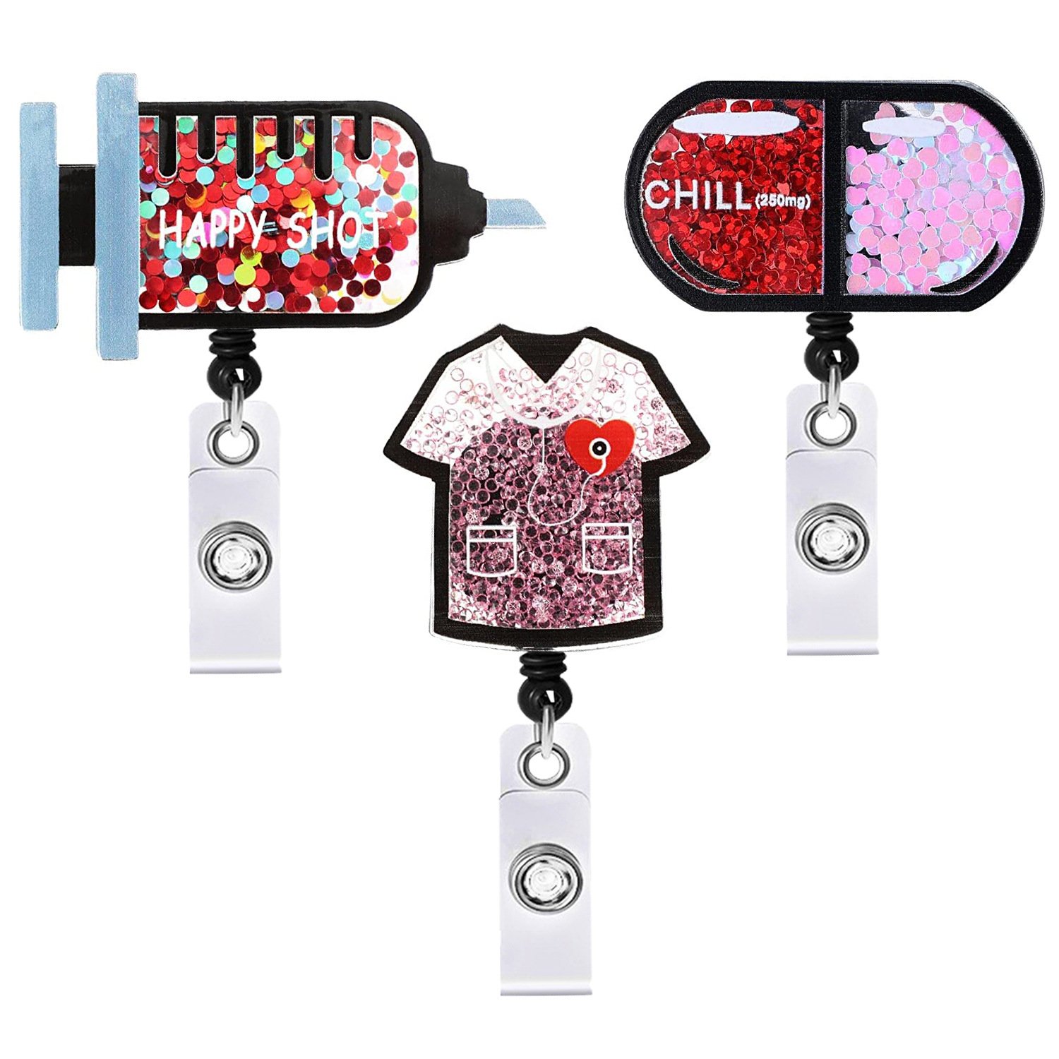 Glitter Acrylic Injector & Pill Medical Kit Badge Reel Retractable ID Badge Holder With 360 Rotating Alligator Clip Name Ho