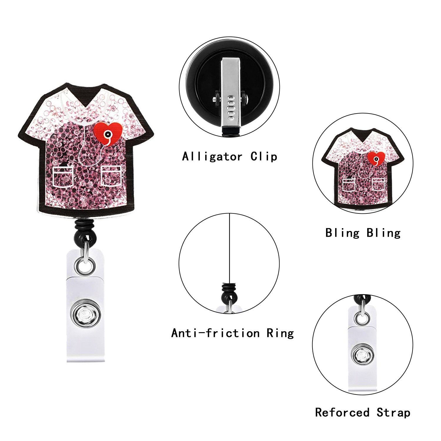 Glitter Acrylic Injector & Pill Medical Kit Badge Reel Retractable ID Badge Holder With 360 Rotating Alligator Clip Name Ho