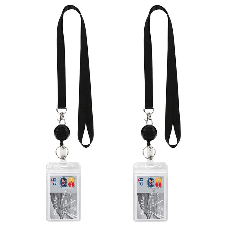 Customized Black ID card sleeve hanging rope Retractable Easy to Pull Buckle Neck Straps Lanyard With Card Badge Holder