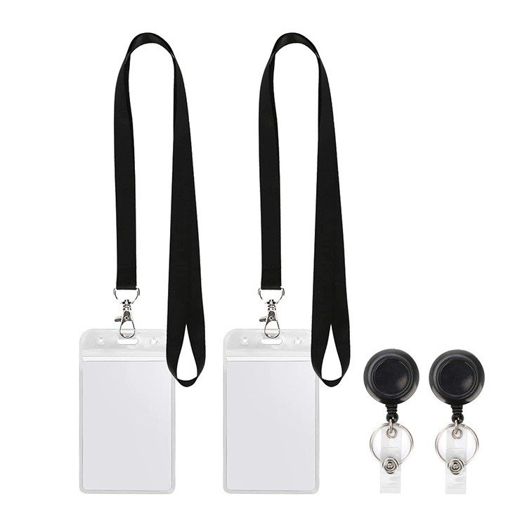 Customized Black ID card sleeve hanging rope Retractable Easy to Pull Buckle Neck Straps Lanyard With Card Badge Holder