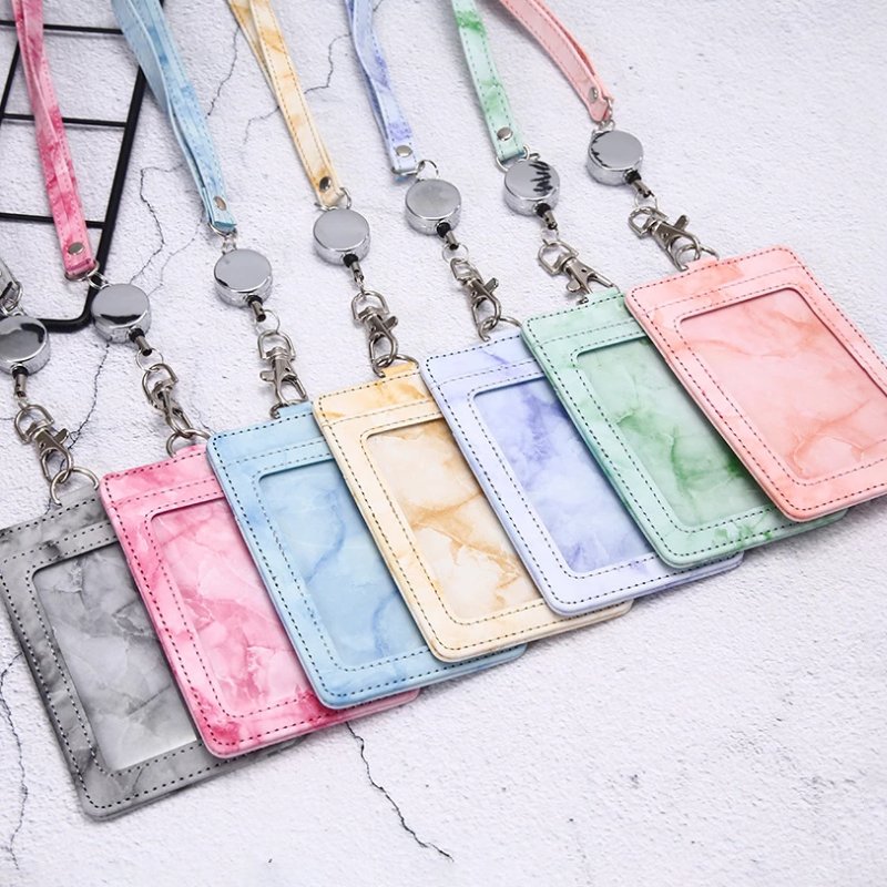 Leather Marbling ID Card Holder with Lanyard Adjustable Retractable Name Badge Holder Work Card Students Bus Card Cover