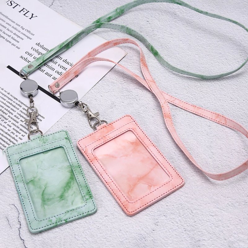 Leather Marbling ID Card Holder with Lanyard Adjustable Retractable Name Badge Holder Work Card Students Bus Card Cover