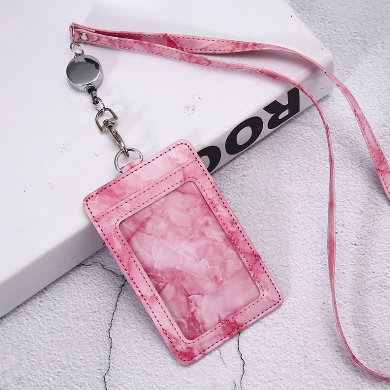 Leather Marbling ID Card Holder with Lanyard Adjustable Retractable Name Badge Holder Work Card Students Bus Card Cover