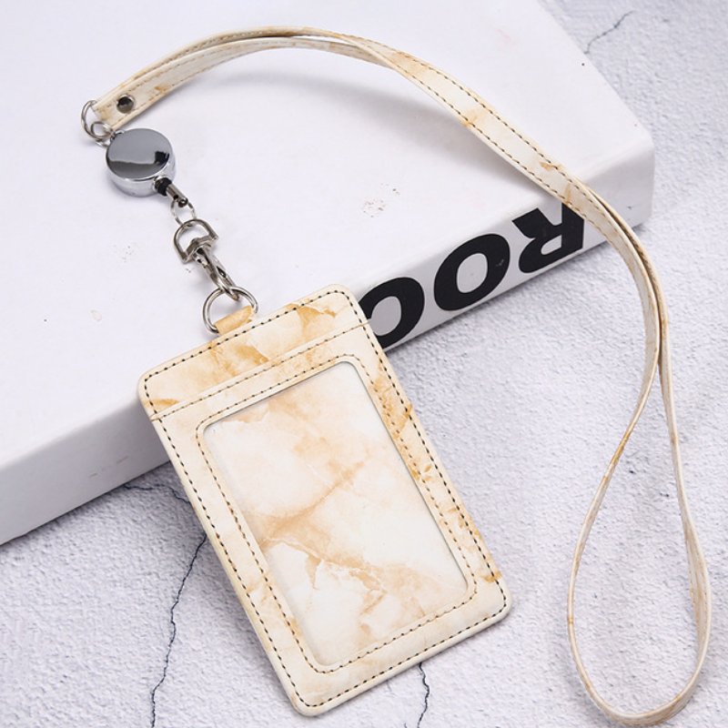 Leather Marbling ID Card Holder with Lanyard Adjustable Retractable Name Badge Holder Work Card Students Bus Card Cover