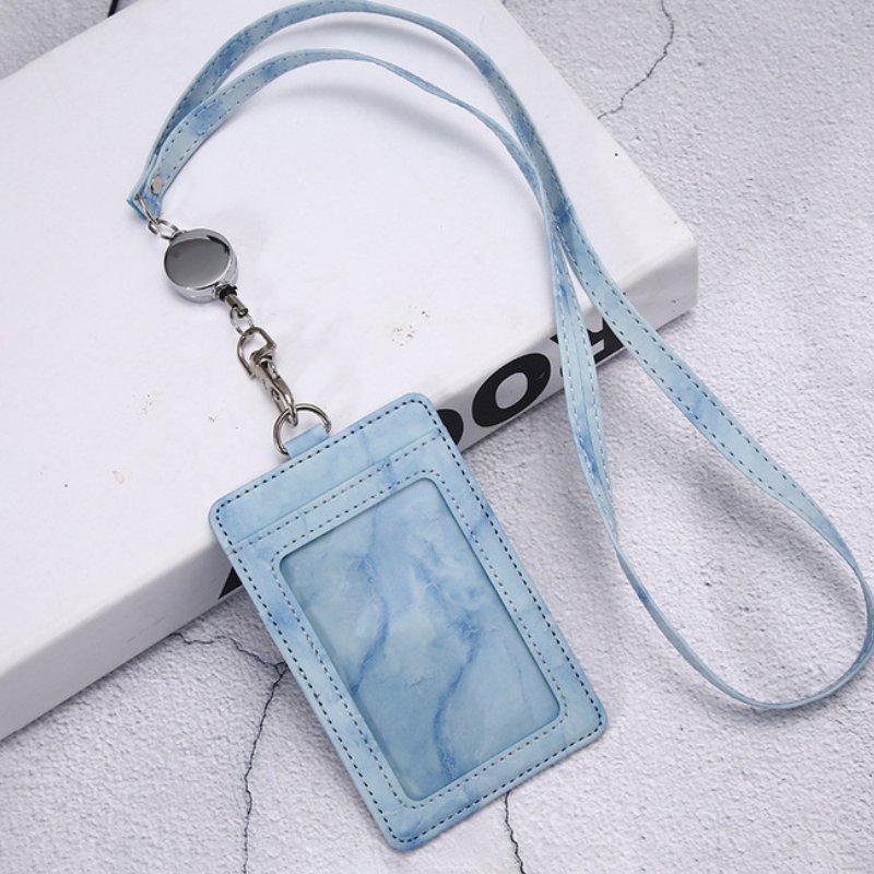 Leather Marbling ID Card Holder with Lanyard Adjustable Retractable Name Badge Holder Work Card Students Bus Card Cover