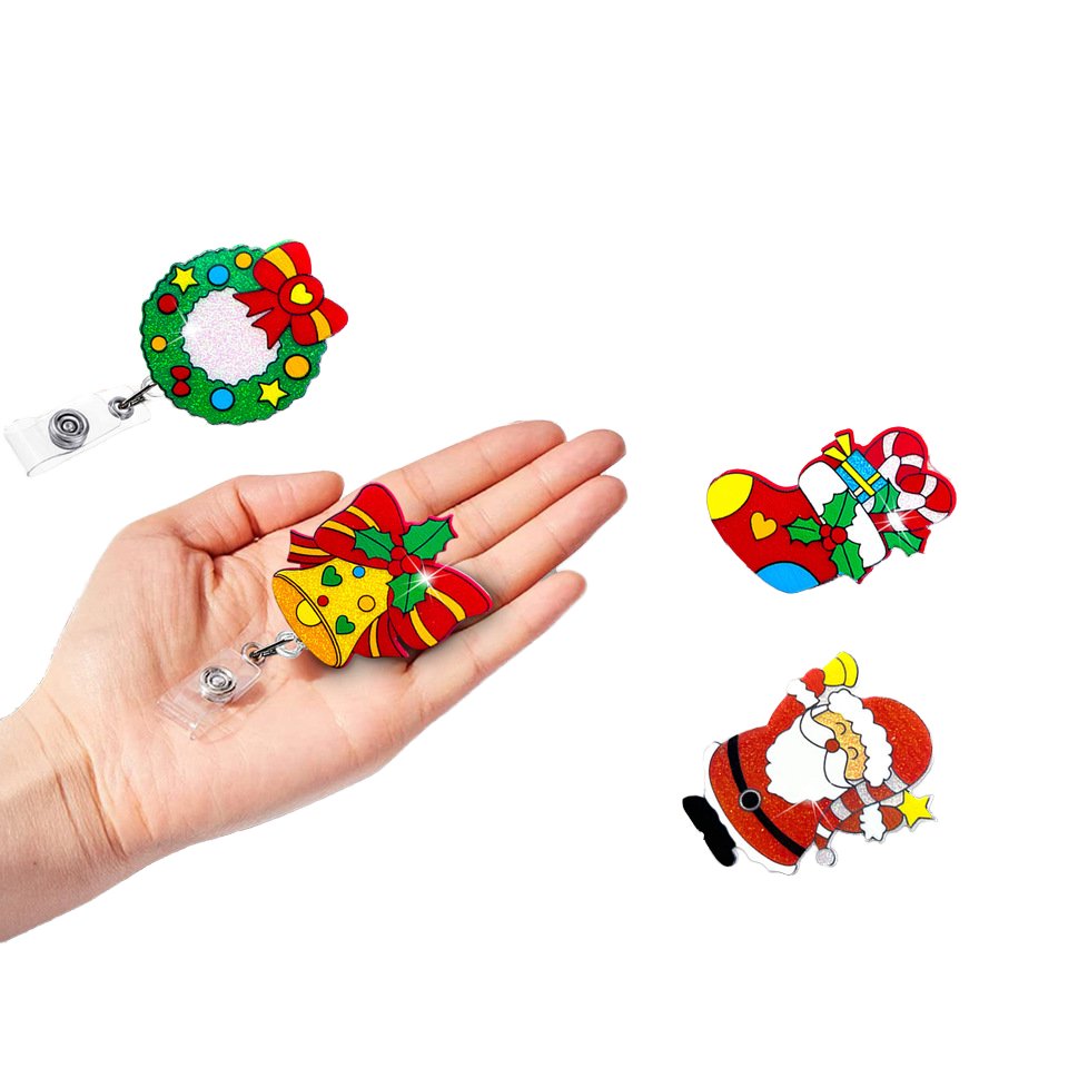 2024 Hot Sale Wholesale Christmas Cute Acrylic Charm Glitter Retractable Christmas Badge Reel ABS Plastic Name Tag Holder