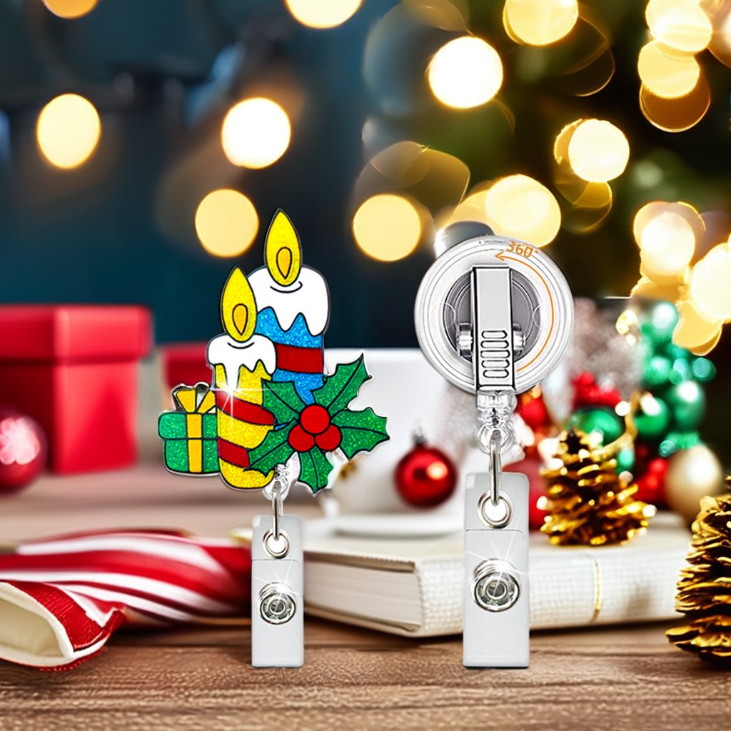 2024 Hot Sale Wholesale Christmas Cute Acrylic Charm Glitter Retractable Christmas Badge Reel ABS Plastic Name Tag Holder